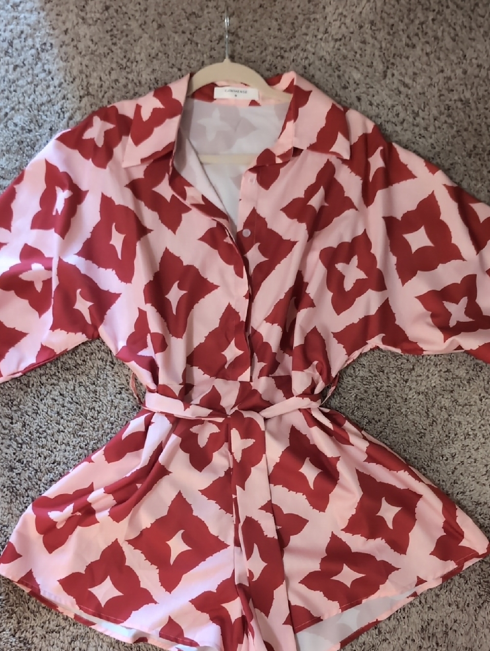 Commense Pink & Red Geometric Button Romper